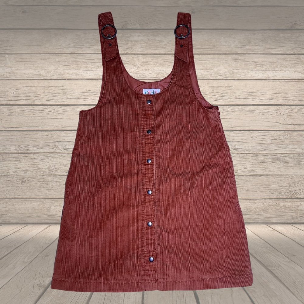 Colorful Planet Rust Brown Corduroy Overall Faux Button Down Jumper Dress